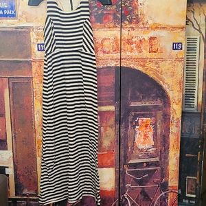 Long stripped blue and tan maxi dress, Mace and Riley size Large.